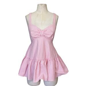 Kate Spade Pink Seersucker Peplum Babydoll Bow Mini Dress/Top Medium NWOT